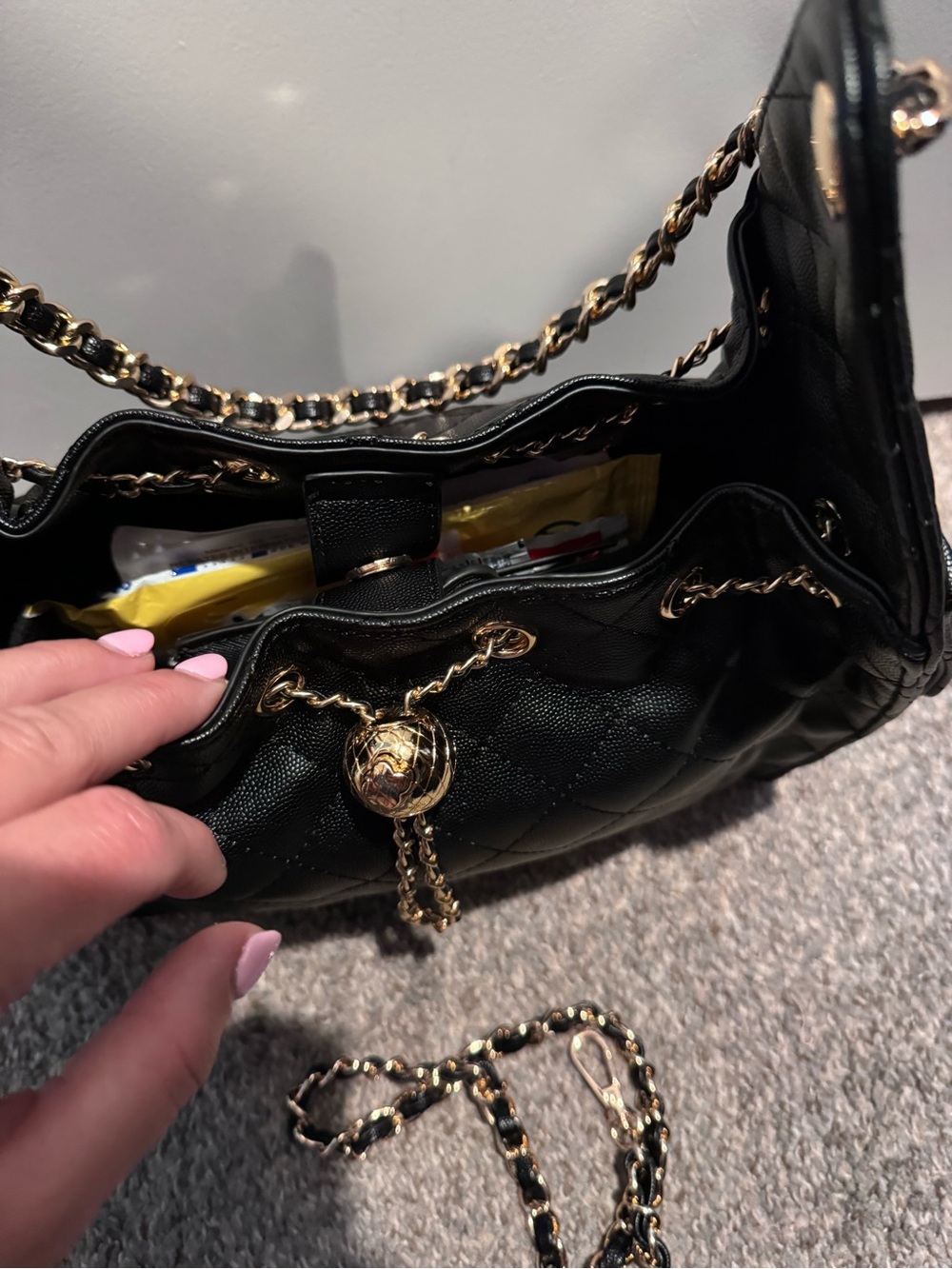 Black Quilted Chain-Accent Shoulder Bag - Picture 7 of 12